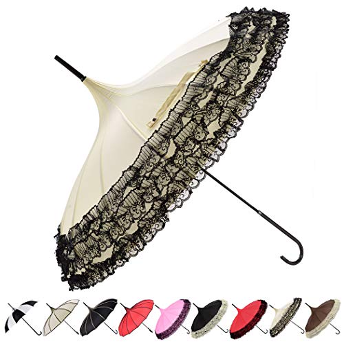 Outgeek Pagoda Umbrella Anti-Uv Parasol Sunproof Lace Trim with Hook Handle