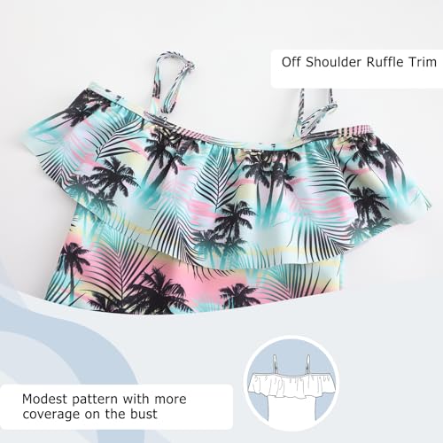 Image of Girls One Piece Swimsuits Off Shoulder Bathing Suit Kids Hawaiian Floral Swimwear 3-16 Years