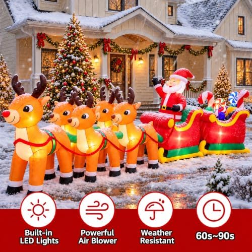 MGparty 14 FT Long Christmas Inflatables Santa on Sleigh with Reindeer Outdoor Blow Up Decorations with Built-in LEDs for Yard Lawn Garden Holiday Party — 사진 6