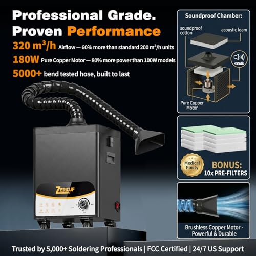 Solder Fume Extractor – 180W 320m³/h, Thickened Pre-Filters, Soundproof Low-Noise Chamber, Exclusive Downward Exhaust, H13 HEPA & High-Iodine Carbon, Smoke Absorber for Soldering, Laser, 3D Printer — view 2