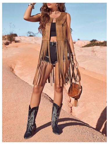 Verdusa Women's Tassel Sleeveless Vest 70s Western Outfit Suede Fringe Trim Vest Jackets Hippie Clothes2