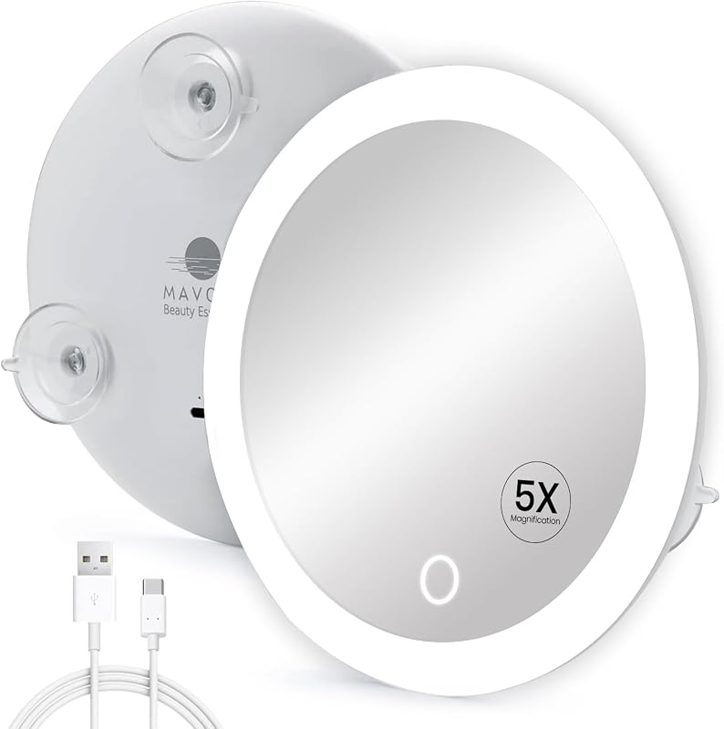 Espelho de maquiagem com aumento 5X Mavoro, LED, 3 ventosas e USB-C, 17,27 cm
