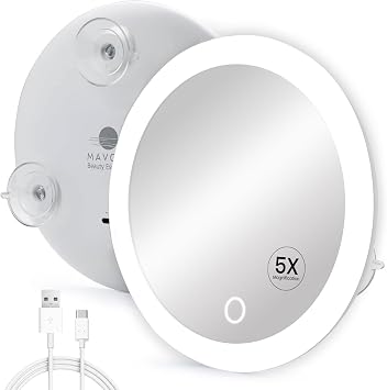 Mavoro 6.8" LED Magnifying Makeup Mirror | 3 Suction Cups | USB-C | 5X | Touch Sensor LED with Dimming, Real Glass for Clear Magnified Viewing, USB-C Rechargeable, Compact 6.8" Travel Design