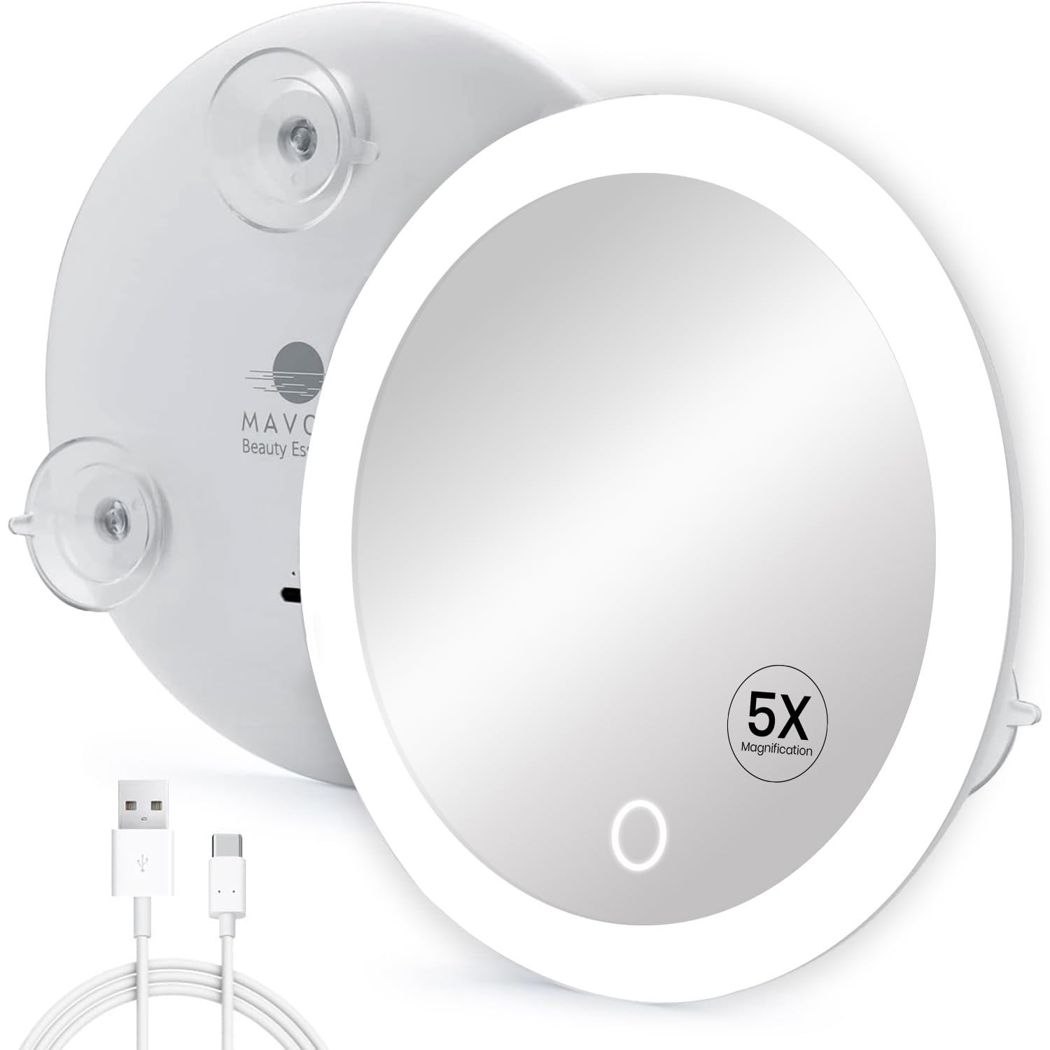 Mavoro 17 cm LED Magnifying Mirror with 3 Strong Suction Cups | 5X Magnification | Portable Lighted Travel Makeup & Cosmetic Mirror with Light (USB-C Rechargeable Built-in Battery |5X)