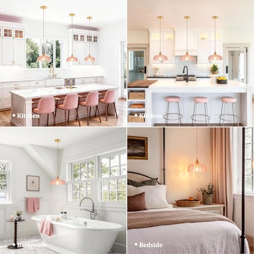 Image of Shenmoyl Pendant Light with Pink Scindapsus Glass Lmapshade, Brass Vintage Pendant Light Adjustable Hanging Light for Kitchen Island Dining Room Hallway