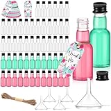 FoldTier 50 Pack Mini Liquor Bottles, 1 oz Empty Plastic Alcohol Shot Bottles with Black Metal Caps, 5 Funnels, 50 Drink Me Tags and 33 ft Ropes for Tea Party Birthday