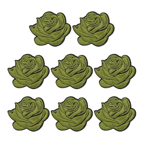 MECCANIXITY Rose Iron-On Patches, 2.6 in Rose Embroidered Patch Applique Flower Sew on Patch Repair Decoration for Clothing Backpacks Jackets Hats Jeans DIY Crafts, 8pcs, Green