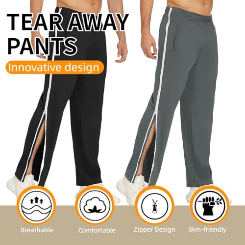 WEEOATAR Men Tear Away Pants Post Surgery Pants Breakaway Basketball Pants,2 Sides Zippers with Pockets,Open Bottom and Loose Fit Recovery Pants for Post-op,Disabled and Incontinence(Dark Blue,L)2