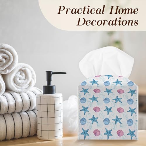Seashells and Starfish Tissue Box Cover, Square Tissue Box Cover Leather Tissues Holder, Facial Paper Organizer Dispenser for Home Bathroom Office Bedroom Tabletop Decor -17 — view 5