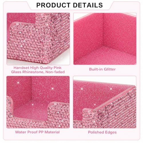 SlowVibes Bling Pink Sticky Note Holder, Glitter 3.94 x 3.94 Inch Notepad Holder Sticky Note Dispenser, Thick Rhinestone Desk Organizer for Office, Home, Dorm, Classroom Desk,Gift for Women Girls - Image 5