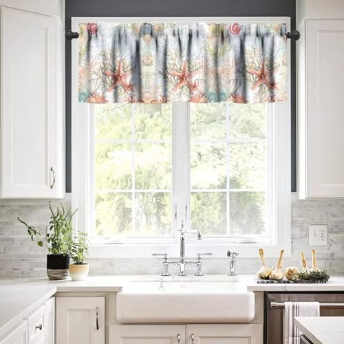 Image of Vintage Seashell Starfish Window Valance Curtain, Retro Nautical Undersea Beach Coastal Sea Coral Window Treatment Valances for Kitchen Living Room Cafe Decor 54'x18', 1 Panel