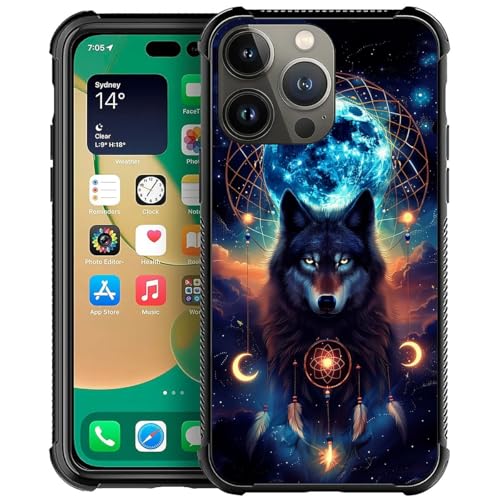 Goodsprout Compatible with iPhone 14 Pro Case,Blue Moon Wolf Dreamcatcher Starry Night Amazing Pattern Design Shockproof Anti-Scratch Hard PC Back Case for iPhone 14 Pro