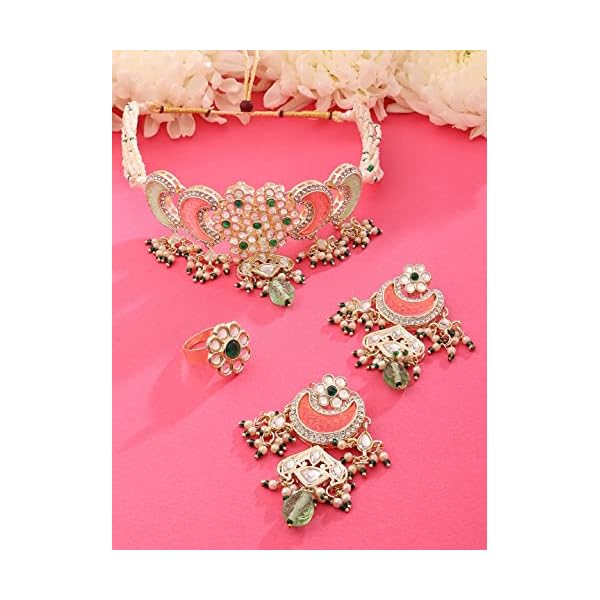 ZAVERI PEARLS Pink Green Stones Beads Multistrand Kundan Choker Necklace Earring & Ring Set For Women-ZPFK15652 - Image 5