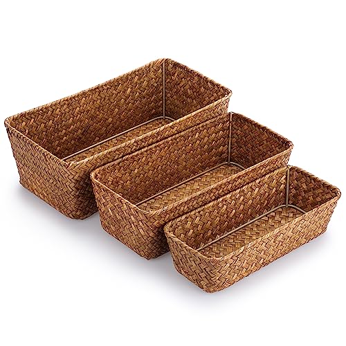 SUMtree Seagrass Storage Basket Rectangular Rattan Storage Baskets Natural wicker Basket Bins for Home Shelf Organizer Set of 3 (Caramel)