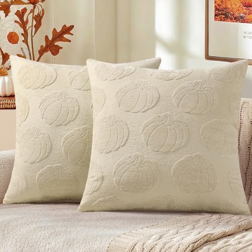 decorUhome Fall Decorative Beige Pumpkin Throw Pillow Covers 20x20 Set of 2, Soft Chenille Jacquard Farmhouse Textured Pillow Covers for Couch Bed Sofa Autumn Harvest Halloween Holiday