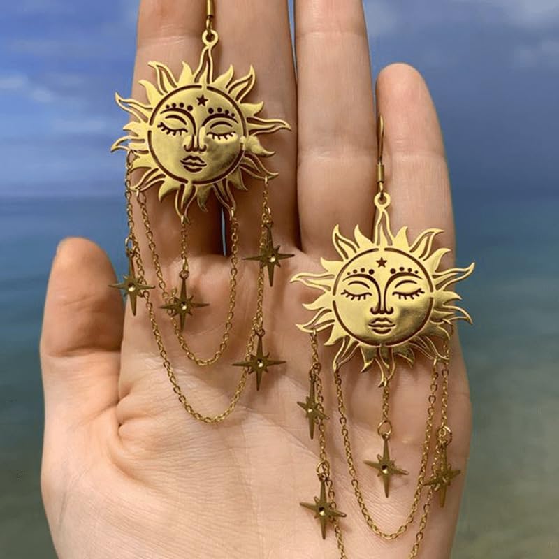 Gold Sun Star Earrings for Women Celestial Earrings Vintage Sun Chain Dangle Earrings Jewelry - Image 5