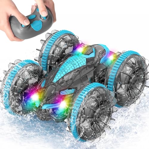MidiVix Amphibienfahrzeug Ferngesteuertes Auto 90 Min Spielzeit 2.4GHz Double-Sided Stunt RC Auto Car mit LED Licht 4WD 360 Drehung Pool & Outdoor Spielzeug Geschenke für Kinder 6-12 Blaugrau
