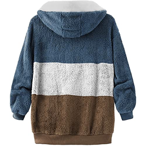 Fuzzy Fleece Jackets for Women Plus Size Hoodies Fall Winter Coats Color Block Patchwork Cardigan Coat with Pockets
