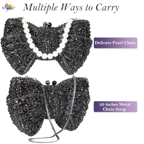 Image of Handmade Inlay Rhinestone Bow Clutch Bag for Women, Sparkling Evening Party Wedding Purse with Detachable Pearl Chain