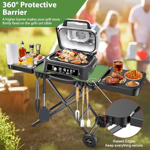 Tragbarer Grillwagen für Ninja Woodfire, Weber, Blackstone, Nexgrill, Traeger und den meisten tragbaren Grills und Pizzaöfen, Outdoor Grillwagen mit Rädern, Seitentischen und Papierhandtuchhalter