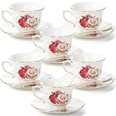 Foraineam Tea Cup and Saucer Set of 6, Porcelain Ivory Rose Tea Cups with Saucers and Spoons, 6 oz Floral Coffee Cup Set with Gold Trim, Latte Cups and Espresso Mug for Tea, Latte and Coffee Drinks