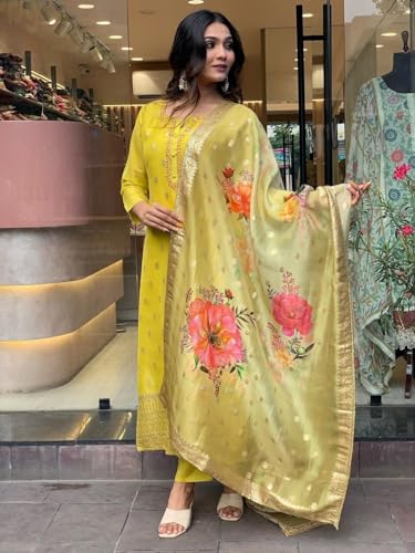 Image of Naixa Women's Viscose Organza Jacquard Embroidered Straight Kurta with Pant and Dupatta Sets (S-Kritika)