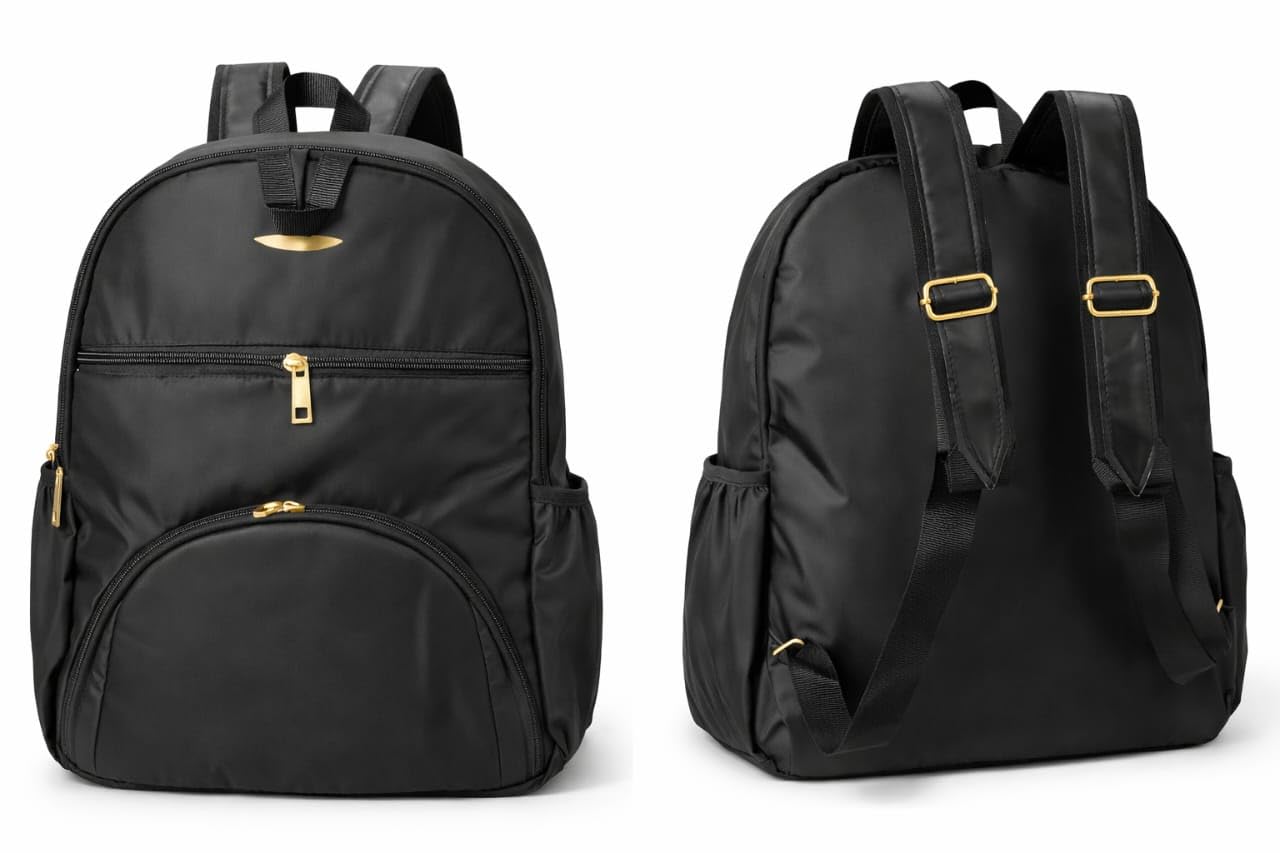 Nylon Backpack, Black, Gold Hardware, Multiple Compartments, Side Pockets, Padded Straps-picture-41