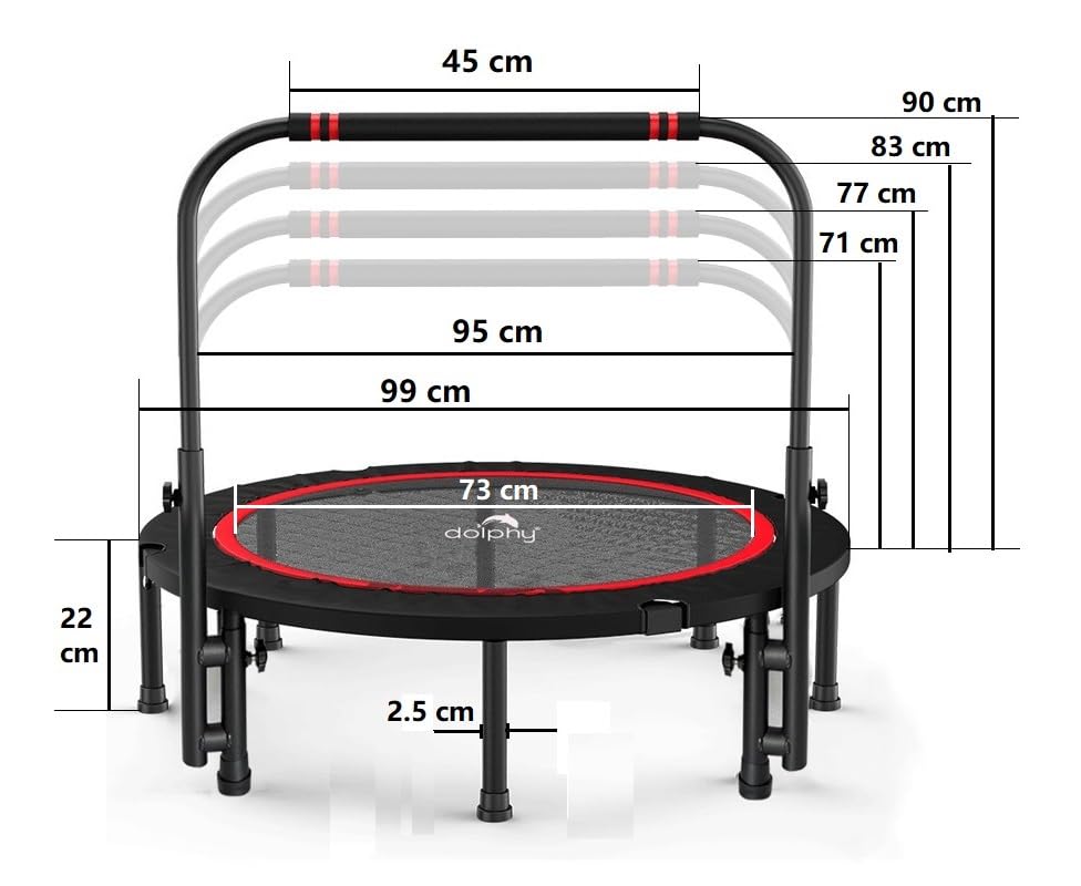 Image of Dolphy Portable & Foldable Trampoline - 40 inch in-Home Mini Rebounder with Adjustable Handrail, Fitness Body Exercise for Kids Adults Indoor /Garden Workout Max Load 80kg.