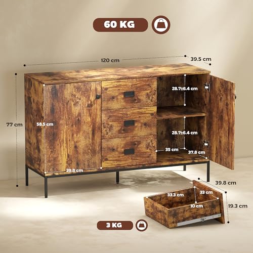 HOMCOM Sideboard with 3 Drawers, Kitchen Cabinet, Modern Storage Cupboard with 2 Doors and Adjustable Shelves for Dining Room, Living Room, 120 x 39.5 x 77cm, Rustic Brown - Image 3