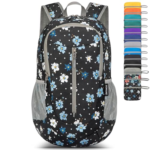 Image of ZOMAKE Ultra Lightweight Packable Backpack 25L, Foldable Hiking Backpacks Water Resistant Small Folding Daypack for Travel(Black, White Polka Dot Floral)