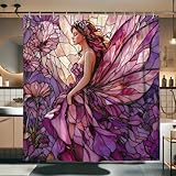 Duschvorhang mit Blumenmuster, violettes Feen-Blumen-Design für Badezimmer, Frühling, Sommer, modern, künstlerisch, wasserdicht, Stoff, Duschvorhang-Set mit Haken, 183 x 183 cm