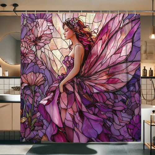Duschvorhang mit Blumenmuster, violettes Feen-Blumen-Design für Badezimmer, Frühling, Sommer, modern, künstlerisch, wasserdicht, Stoff, Duschvorhang-Set mit Haken, 183 x 183 cm
