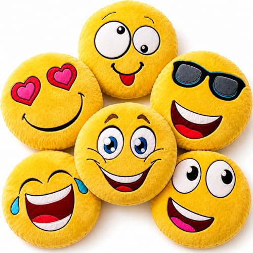 ArtCreativity 11 Inch Assorted Emoticon Pillows, Pack of 6, Soft Plush Yellow Smile Face Cushions, Fun Decorative Pillows for Bedroom, Living Room, Office, Emoticon Party Favors for Kids