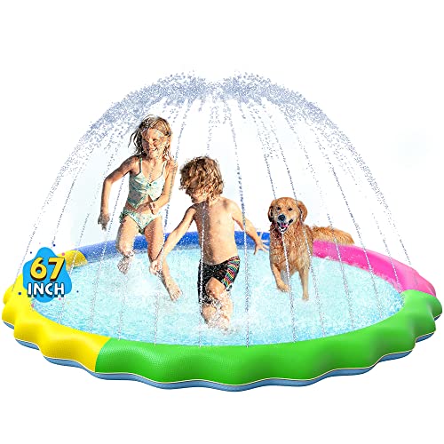 Image of VISTOP Non-Slip Splash Pad for Kids and Dog, Thicken Sprinkler Pool Summer Outdoor Water Toys - Fun Backyard Fountain Play Mat for Baby Girls Boys Children or Pet Dog (67 inch, Red&Yellow&Green&Blue)