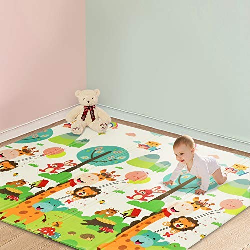 Foldable Play Mat |【Easy to Clean, Fold Up】Non- BPA Non-Toxic Foam Baby Playmat 79“ x 71inchx 0.6” Thick Extra Large Reversible Crawling Mat Portable Toddlers Kids (Cute Giraff)