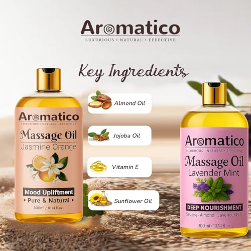 Image of AROMATICO - Lavender Mint & Jasmine Orange Massage Oils Pack of 2. For Mood Upliftment, Muscle Relaxation & Skin Nourishment, 100% Natural, Non-Sticky 300ml Pack of 2