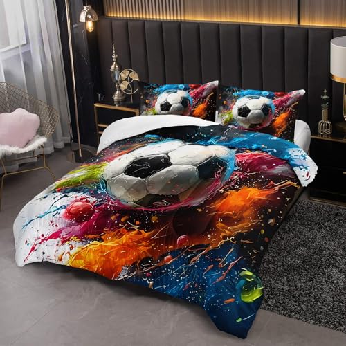 Image of Soccer Comforter Queen Size,Sport Kids Comforter Set,3Pcs Bedding Set Printed Comforter with 2 Pillowcases,Down Alternative,Soft and Lightweight,for All Seasons