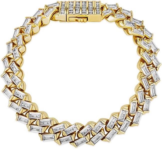 14K Gold Baguette Moissanite Cuban Chain Tennis Necklace, Hip Hop Style Choker, Glamorous Jewelry