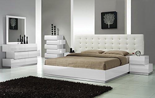 California Tradeworks Modern Spain 4 Piece Bedroom Set Queen Size Bed Mirror Dresser Nightstand White Lacquer Headboard with Leather Like Exterior & Like Crystals Bedroom Furniture
