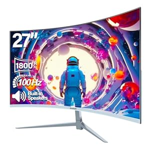 Curved Monitor 27 Zoll 100Hz mit Lautsprecher, 1800R Gebogen PC Bildschirm FHD 1080P, Weiß Computerbildschirm mit Eye Care Technologie HDMI VGA, unterstützt VESA