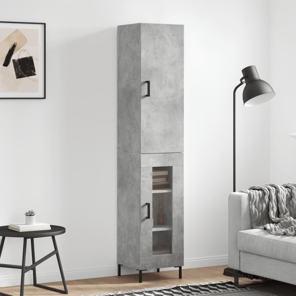 Kredens ze sklejki betonowej szarej wysokiej kredensu z metalowymi drzwiami i nogami do organizacji domu 34,5x34x180 cm