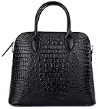 QZUnique Women's Cowhide Genuine Leather Crocodile Veined Cross Body Shoulder Handle Amphibious Shell Bag Black