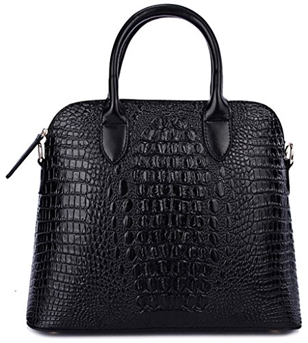 QZUnique Women's Cowhide Genuine Leather Crocodile Veined Cross Body Shoulder Handle Amphibious Shell Bag Black