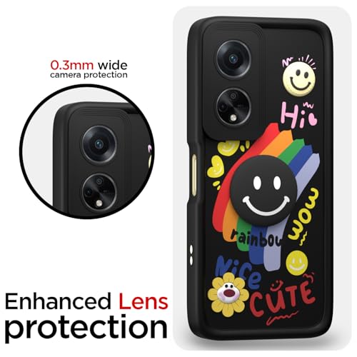 Image of Pikkme Back Cover for Oppo F23 5G | Soft Silicone| Cute Rainbow Smile & 3D Cartoon Flower Design | Shockproof Raised Camera Protection Bumper Case (Black)