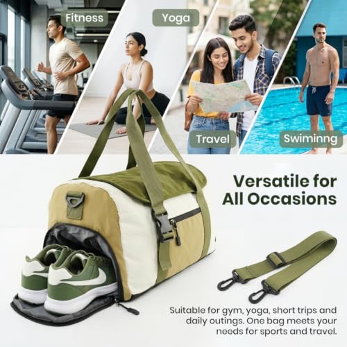 Image of PALAY Gym Bag with Shoe Compartment Green Waterproof Nylon Travel Duffels | large capacity, removable strap, trolley case strap, dry-wet pockets, portable for sports, weekend, vacation