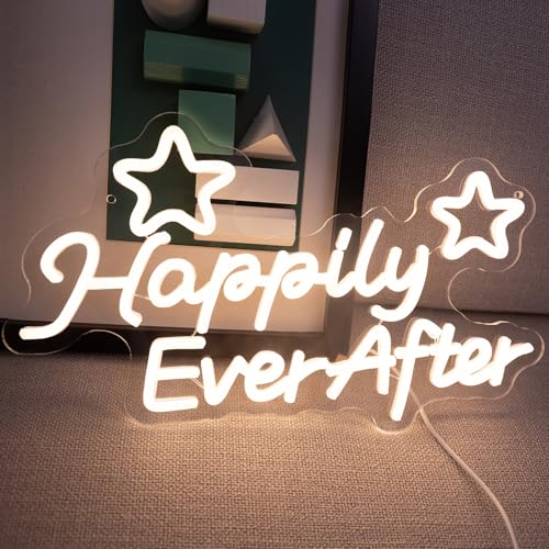 Image of Happily Ever After Wedding Signs, USB Powered Wedding Neon Sign with Dimmer and Sticky Hook, Hanging LED Light Sign Decorations, Home Decor for Bedroom Party Wall 15.75 * 9.45 inch