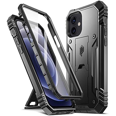Poetic Revolution Case Compatible with iPhone 12 / iPhone 12 Pro 6.1 inch (2020 release), Full-Body Rugged Dual-Layer Shockproof Protective Cover with Kickstand and Built-in-Screen Protector, Black Cover