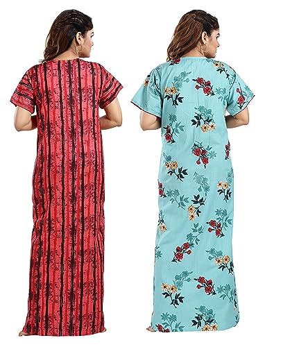 Image of YKI Women's /Girls Cotton Fabric Beautiful Print Nighty /Nightgown /Nightwear /Nightdress with Pocket (Pack of 2)
