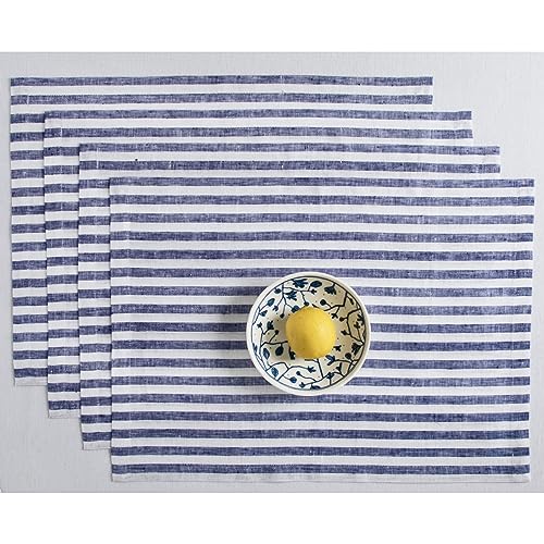 Image of Solino Home 100% Linen Placemats, 14 x 19 in, Navy, Amalfi Stripe, Set of 4