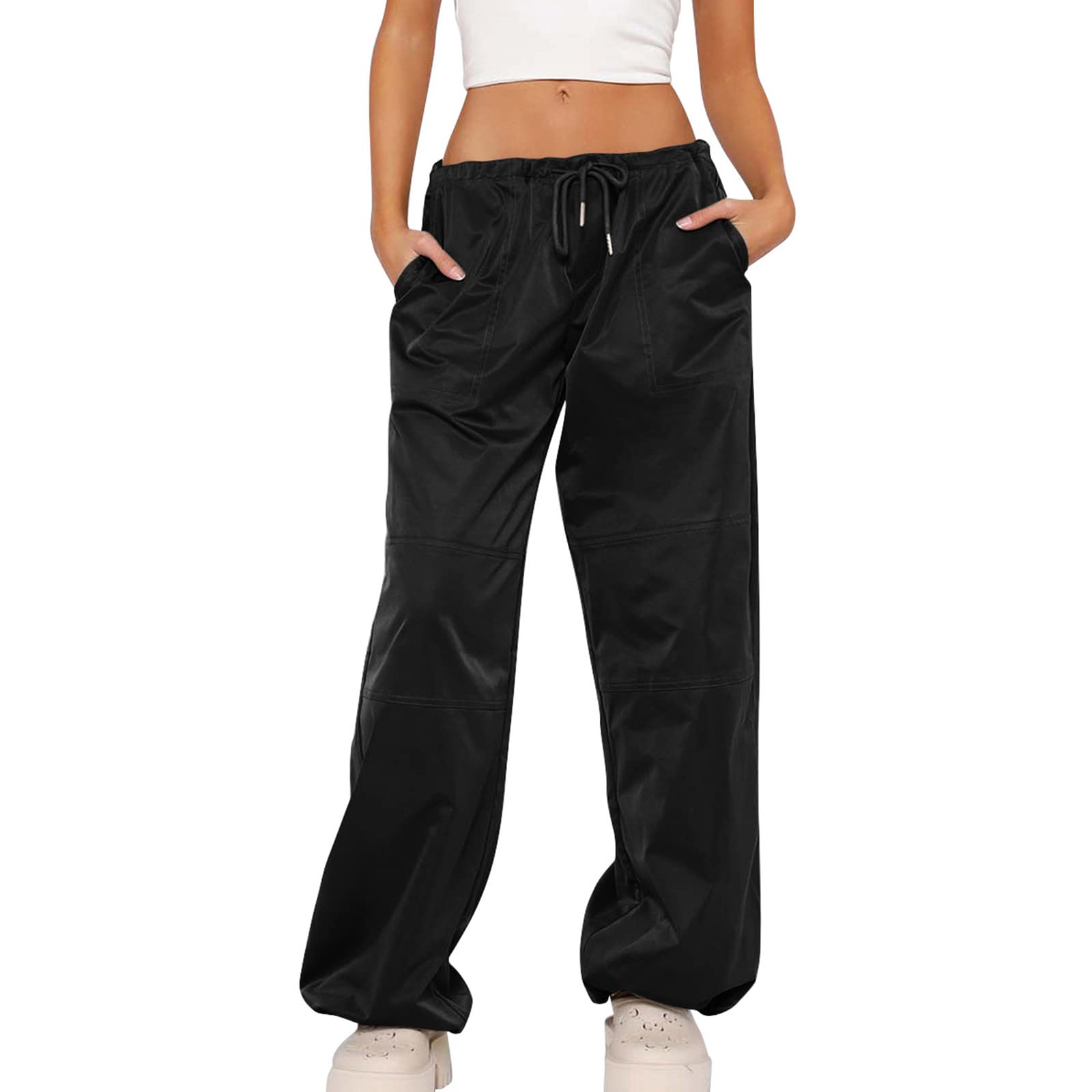 Cargo Pants Womens Parachute Pants Drawstring Low Waist Sports Trousers Loose Cinch Bottom Joggers with Pockets Black
